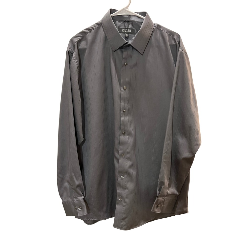 Kenneth Cole Reaction Mens XL 17.5 34-35 Grey Striped Wrinkle Free Dress Shirt